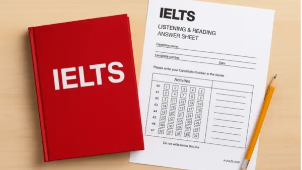 Red IELTS book with a listening & reading answer sheet—visual for making IELTS teaching more effective and meaningful.