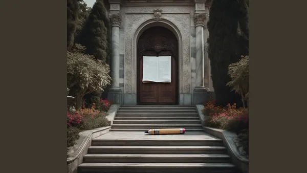 Symbolic image of a large pencil on steps leading to a grand building, representing the journey of mastering IELTS Writing Task 2