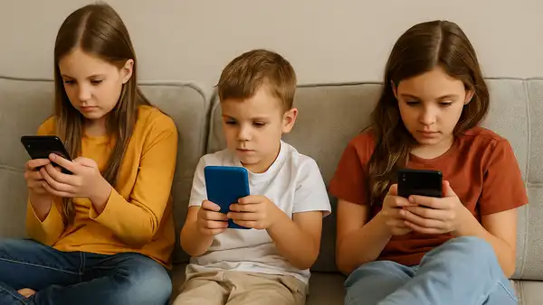 Three children sitting on a sofa, each focused on a smartphone, illustrating children's interaction with technology
