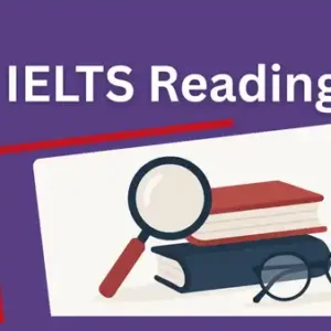 IELTS Reading Lessons PDF – Purple-themed banner featuring book stack, glasses, and magnifier for academic reading practice