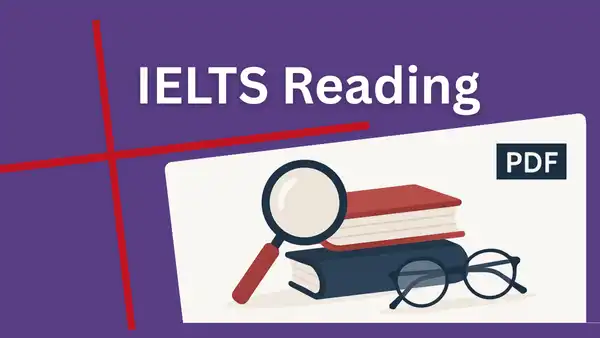 IELTS Reading Lessons PDF – Purple-themed banner featuring book stack, glasses, and magnifier for academic reading practice