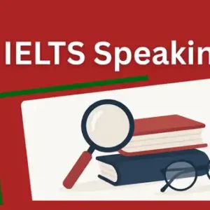 IELTS Speaking Lessons PDF – Red background with study tools illustration, highlighting speaking-focused preparation.