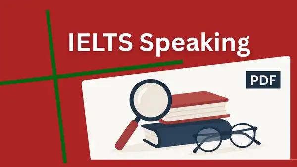 IELTS Speaking Lessons PDF – Red background with study tools illustration, highlighting speaking-focused preparation.