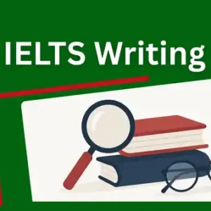 IELTS Writing Lessons PDF – Green-themed banner with books, eyeglasses, and a magnifier representing writing practice material