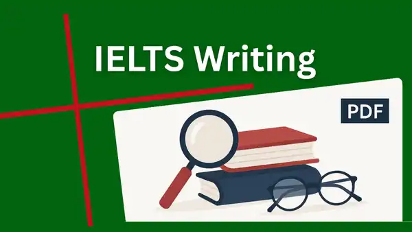 IELTS Writing Lessons PDF – Green-themed banner with books, eyeglasses, and a magnifier representing writing practice material