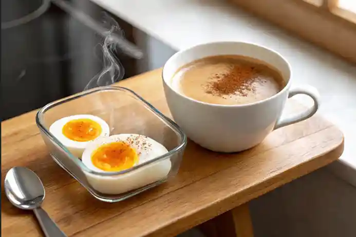 Breakfast with coffee and eggs – fueling up for a productive day of IELTS coaching.