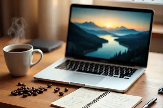A cozy home workspace with a laptop, coffee, and notebook ready for writing