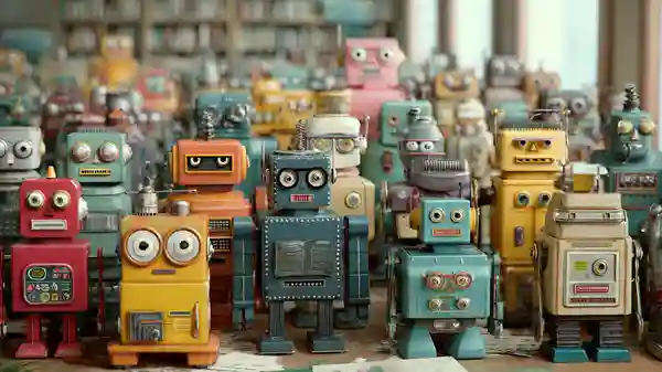 A colorful group of vintage toy robots standing together on a table in a classroom-like setting, symbolizing the growing presence of artificial intelligence in education.