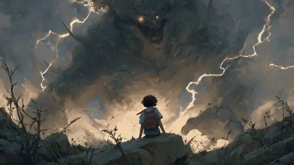 A young student stands on a rocky hill, facing a massive storm-like creature glowing with lightning in the clouds — symbolizing the overwhelming myths and fears students imagine about the IELTS test.