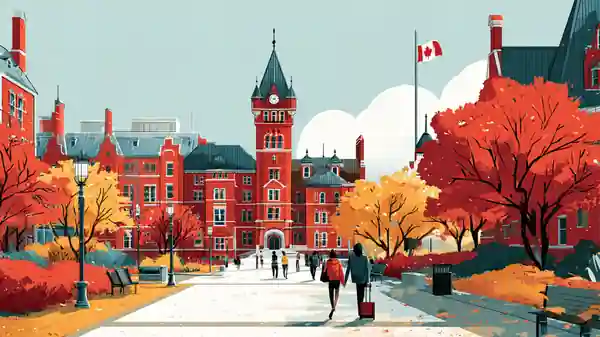 Autumn scene at a Canadian university campus with students walking toward a red-brick building and a Canadian flag flying