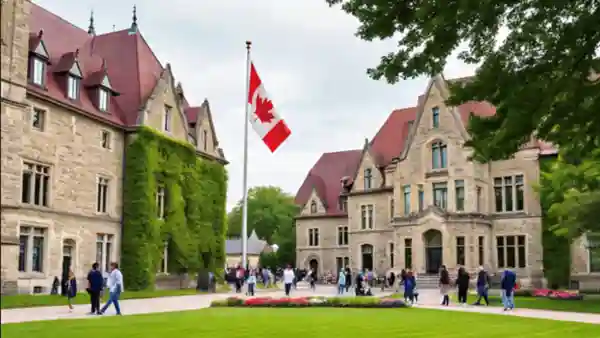 Canadian university campus with students walking and a large Canadian flag in front of historic buildings