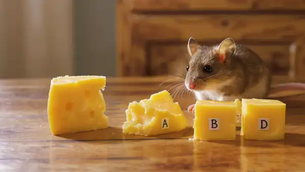 A mouse examining multiple labeled cheese pieces representing answer choices A, B, and D—used as a metaphor for spotting distractors in IELTS Reading multiple-choice questions.