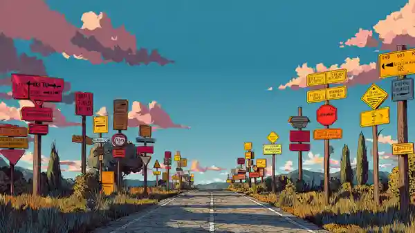 A long road filled with too many colorful direction signs, symbolizing confusion and overuse of connectors in writing