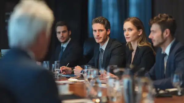 A group of professionals sitting around a conference table during a business meeting, listening attentively to a colleague. Ideal image for an article about business communication phrases and sounding more professional in the workplace.